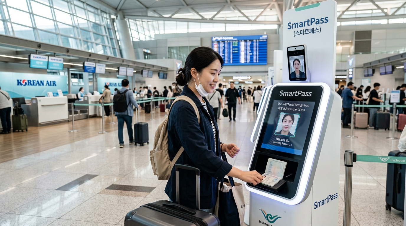 인천국제공항 출국장 체크인 홀 전용 스마트패스(SmartPass) 키오스크에서 여행객이 여권을 스캔하고 안면인식 카메라 화면을 바라보는 모습