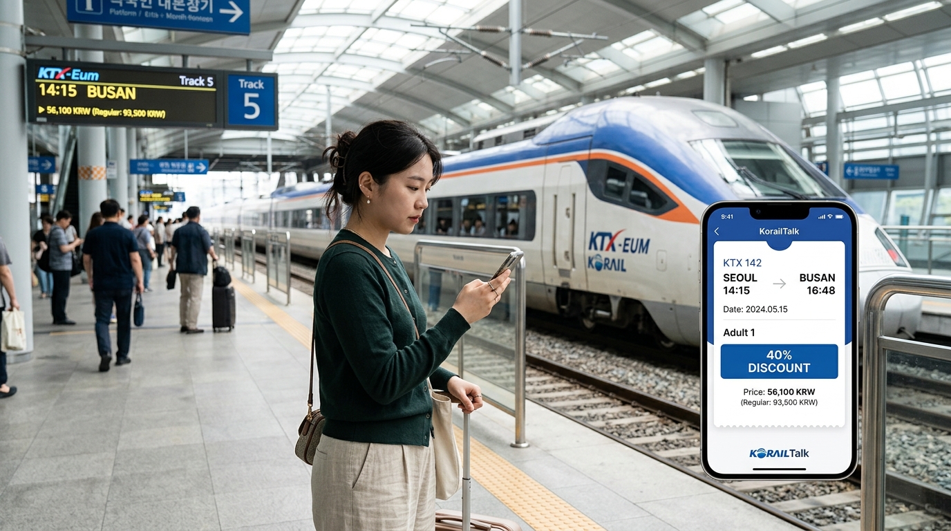 KTX 승강장에서 코레일톡 40% 청년 할인 승차권 모바일 화면을 확인하는 모습