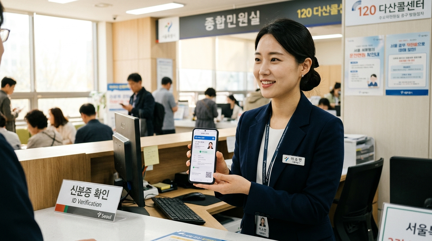 밝은 종합민원실 창구에서 한국인 공무원이 스마트폰의 모바일 운전면허증 신분증 화면을 안내하는 모습