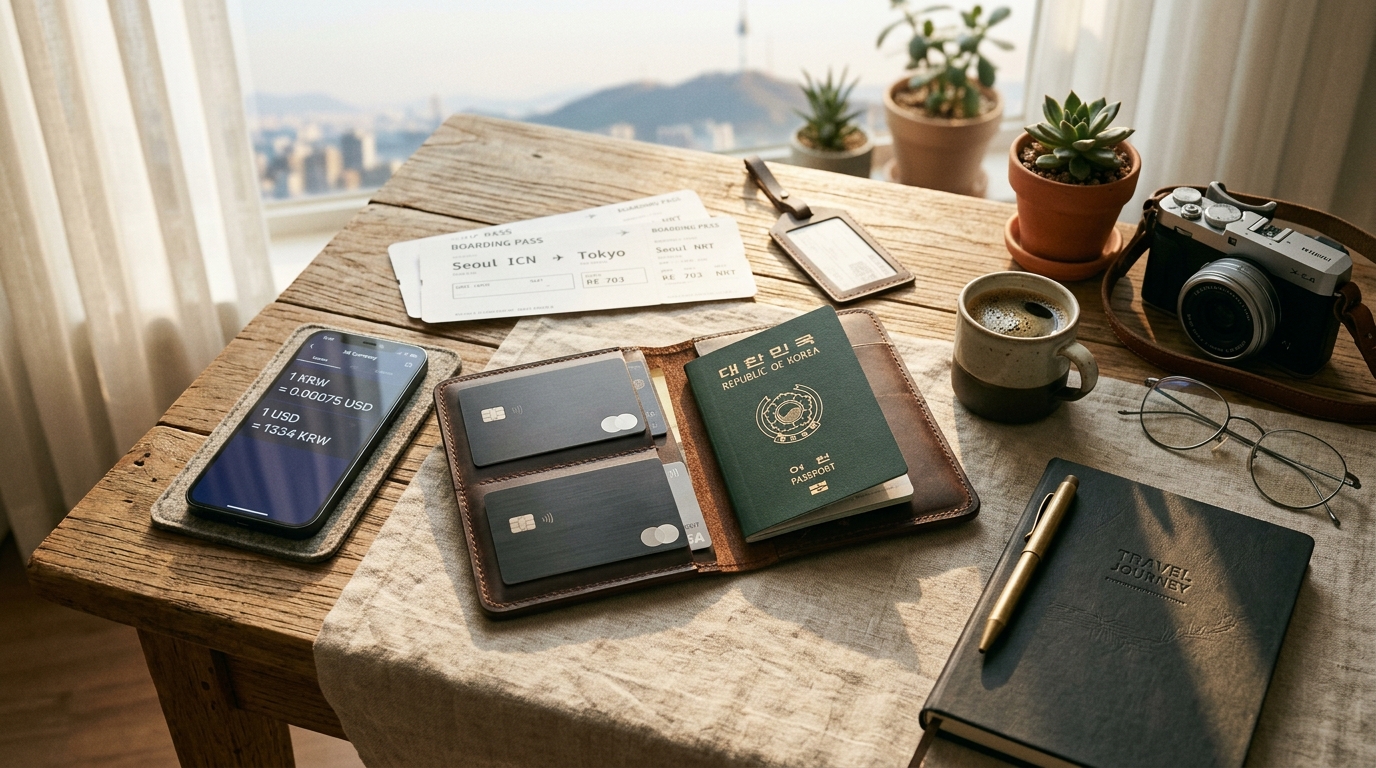 햇살 드는 공항 라운지 원목 테이블 위 가죽 여권 지갑에 꽂힌 대한민국 여권과 해외 결제 신용카드들, 환율 조회 스마트폰과 탑승권